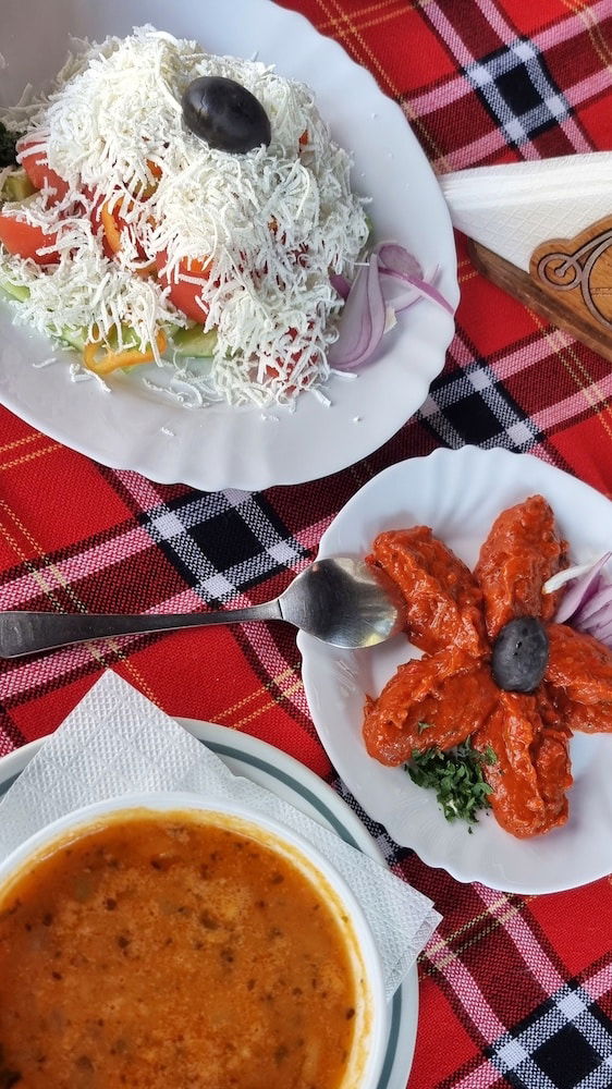 Bulgarian food_table of shopska salad, Ljutenica and bob chorba